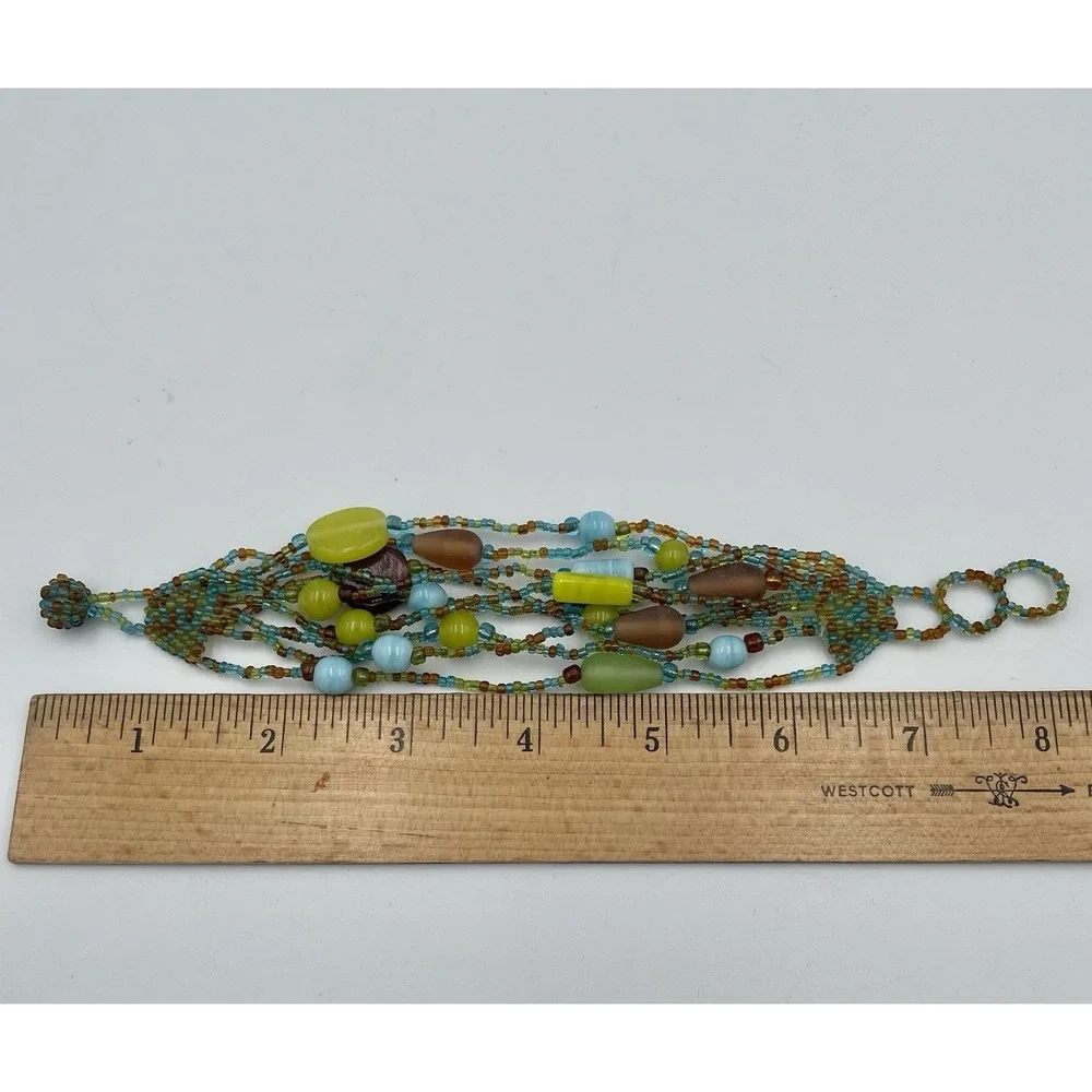 Artisan Beaded Bracelet Multi Strand Blue Green Brown 8